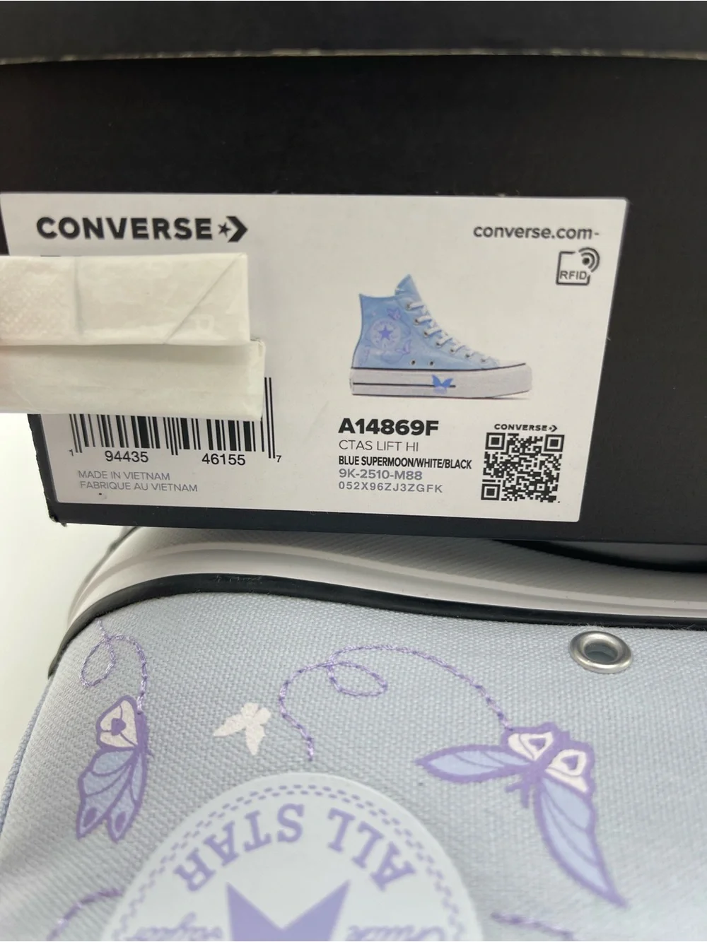 Converse CTAS LIFT HI BLUE SUPERMOON/WHITE/BLk Platform Purple Butterfly Accents